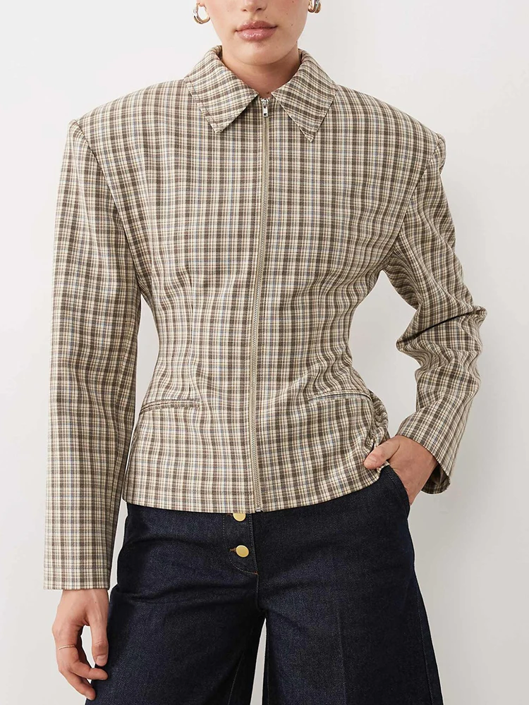 Women Plaid Cinched Waist Shirt Lapel Collar Zip Up Long Sleeve Peplum Shirt Fitted Vintage Casual Office Work Blouse Top Shirts