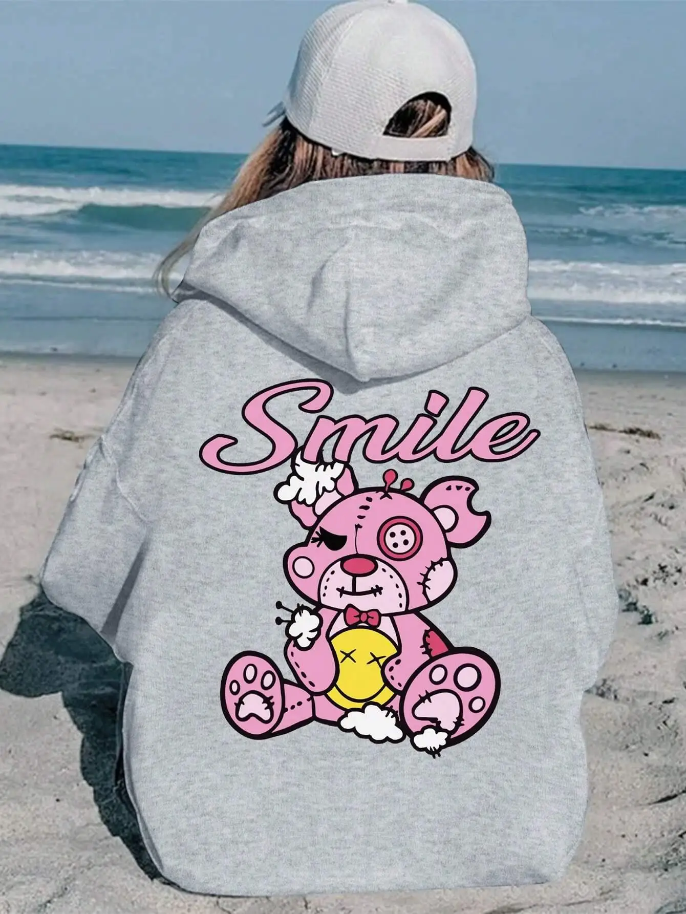 Sporty Women\'s Sweatshirt Kawaii Mending Smile Teddy Bear Printed Streetwear Long Sleeve Pocket Hoodie Comfortable Streetwear