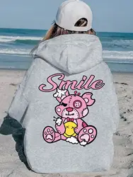 Sporty Women's Sweatshirt Kawaii Mending Smile Teddy Bear Printed Streetwear Long Sleeve Pocket Hoodie Comfortable Streetwear