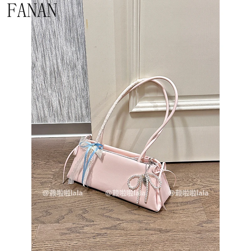 

2025 New Bow Pink Simple Shoulder Bags Female Commuter Fashion Sweet and Cute Underarm Bag Elegant Casual Handbags for Women
