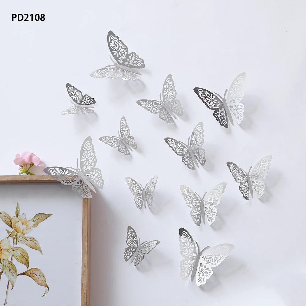 12/24/36Pcs 3D Hollow Butterfly Wall Sticker oro argento rosa decorazione di nozze camera da letto decorazioni per la casa farfalle decalcomanie adesivi