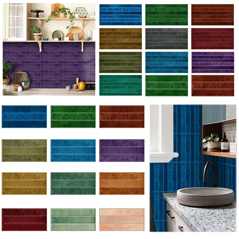 2Set 6pcs self-adhesive Multi-Color Retro Wall Tile Stickers Flat Waterproof Peel and Stick For Kitchen Bathroom Home Decoration