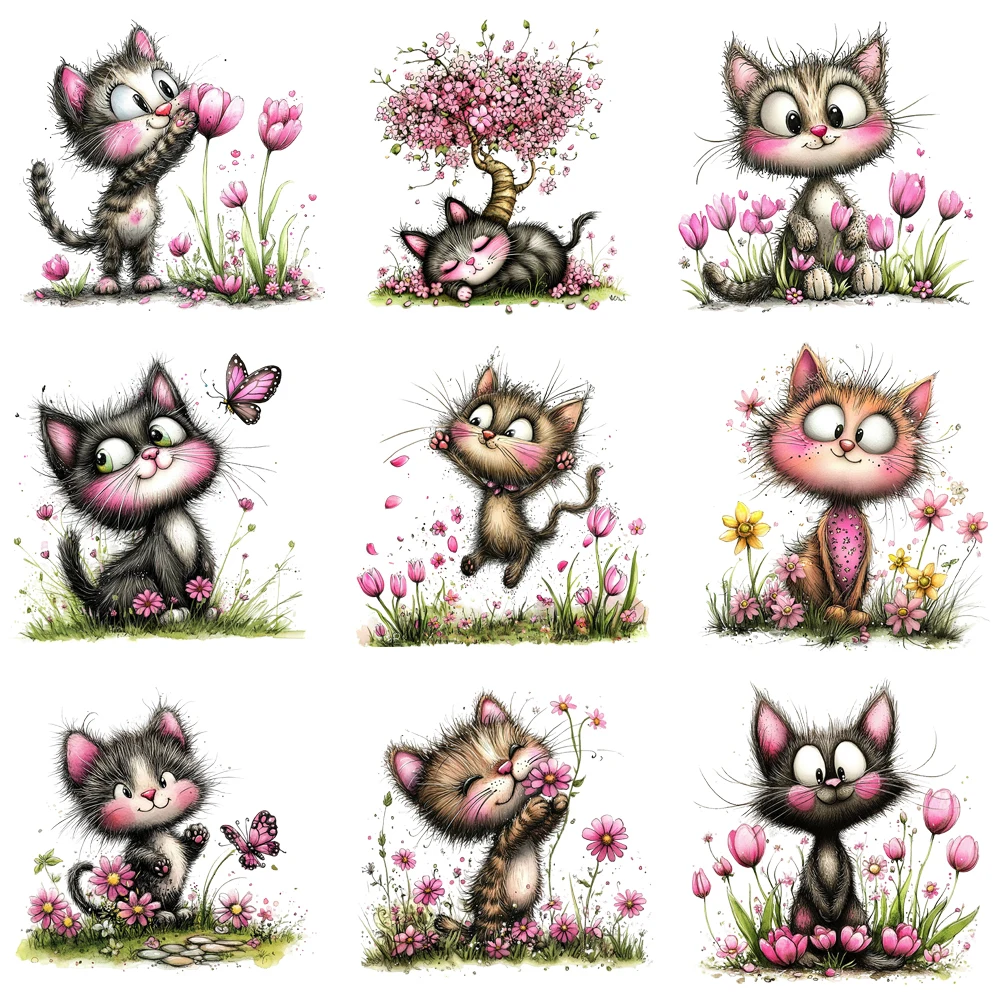 15cm Whimsical Spring Flower Butterfly Cat Diy DTF Heat Transfer Sticker T-shirt Clothes Decals Iron On Transfer Stickers