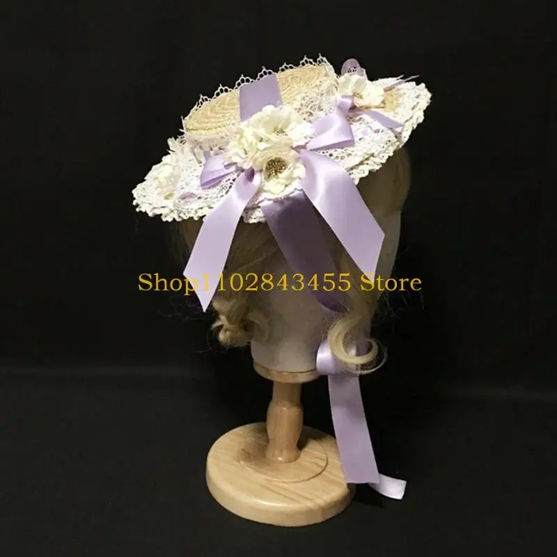 49MC Women Girls Lolita Elegant Tea Party Flat Hat Multilayer Lace Bonnet Artificial Flower Ribbon Bow Straw Beach for Sun Ca