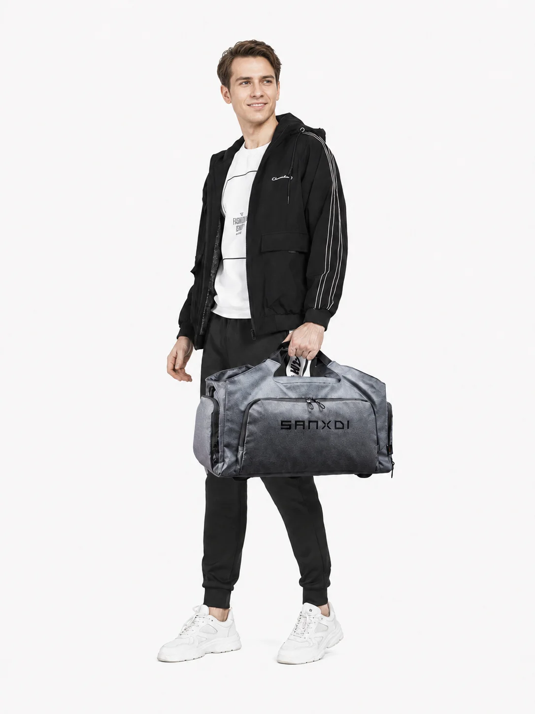 SANXDI Large Capacity Gym Travel Duffel Bag with Wet Dry Separation Independent Shoe Compartment Nylon Shoulder Luggage Bag