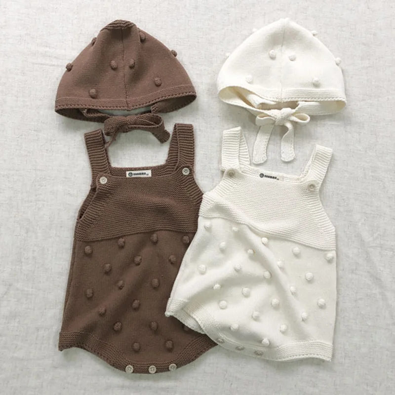 Summer Newborn Baby Girl Knitting Romper+Hat Sleeveless Solid Color Knitting Toddler Baby Girls Jumpsuit Children Clothes