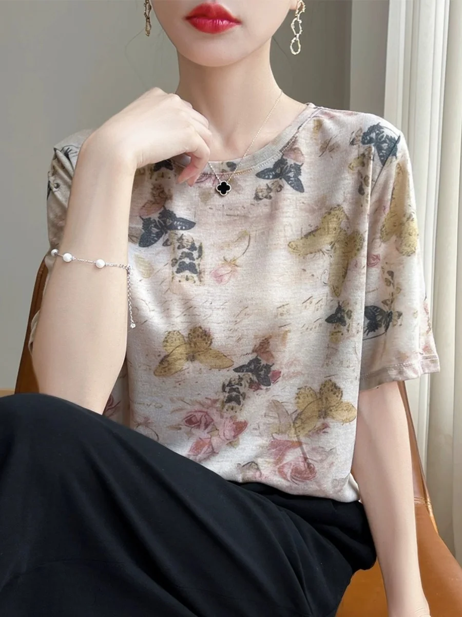 Tie Dye Print Vintage Women's Loose Silk Base irt Spring Summer New Sle Faionable T-irt Top Small irt round Ne ...