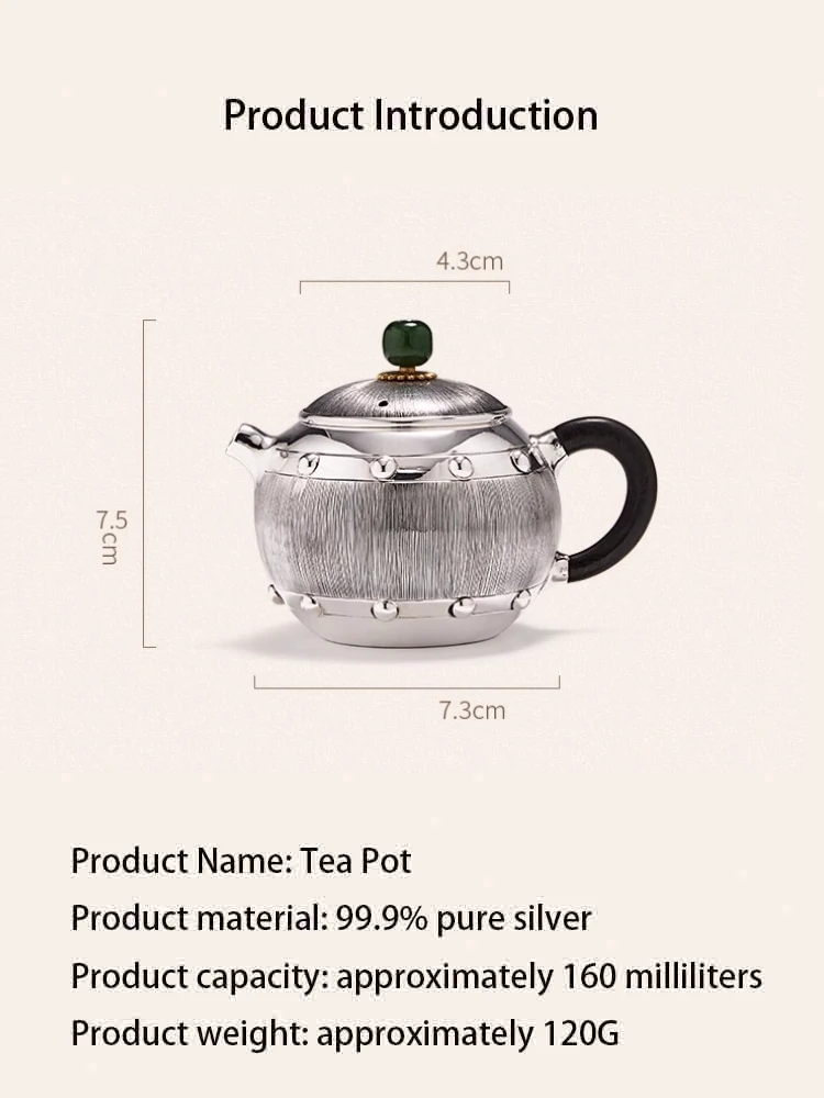 A silver teapot made of 99.9% pure silver, a handmade vintage household small silver teapot, and a Kung Fu silver tea set