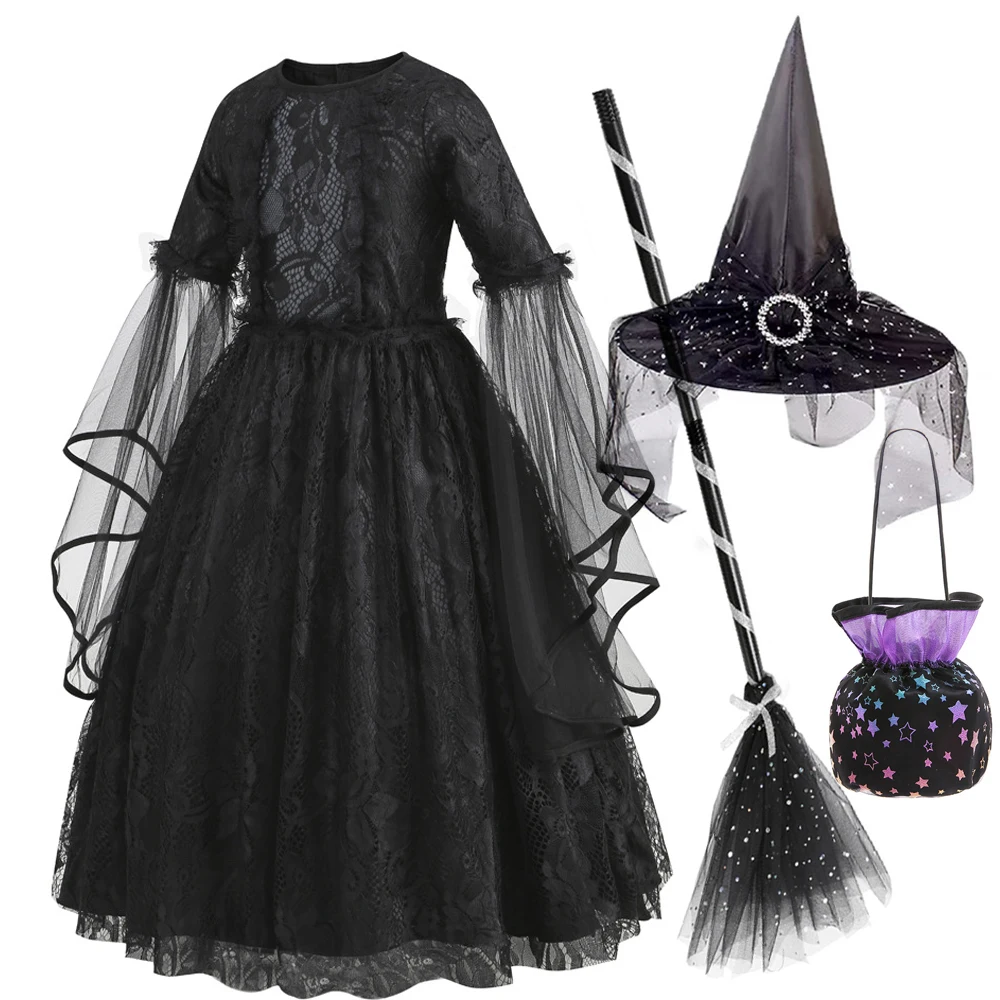 Schwarzes Hexenkostüm-Set für Mädchen, Halloween-Kostüm für Kinder mit Hexenhut, Besen und Süßigkeitentasche, für Maskenbälle, Karneval und Partys.