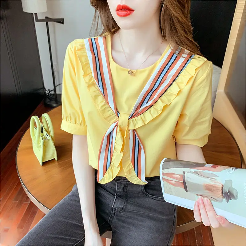 Top For Woman White Clothing Kawaii Women's Shirts And Blouses With Bow Short Sleeve Cute Frill Ruffle Offer Youthful Emo Tall