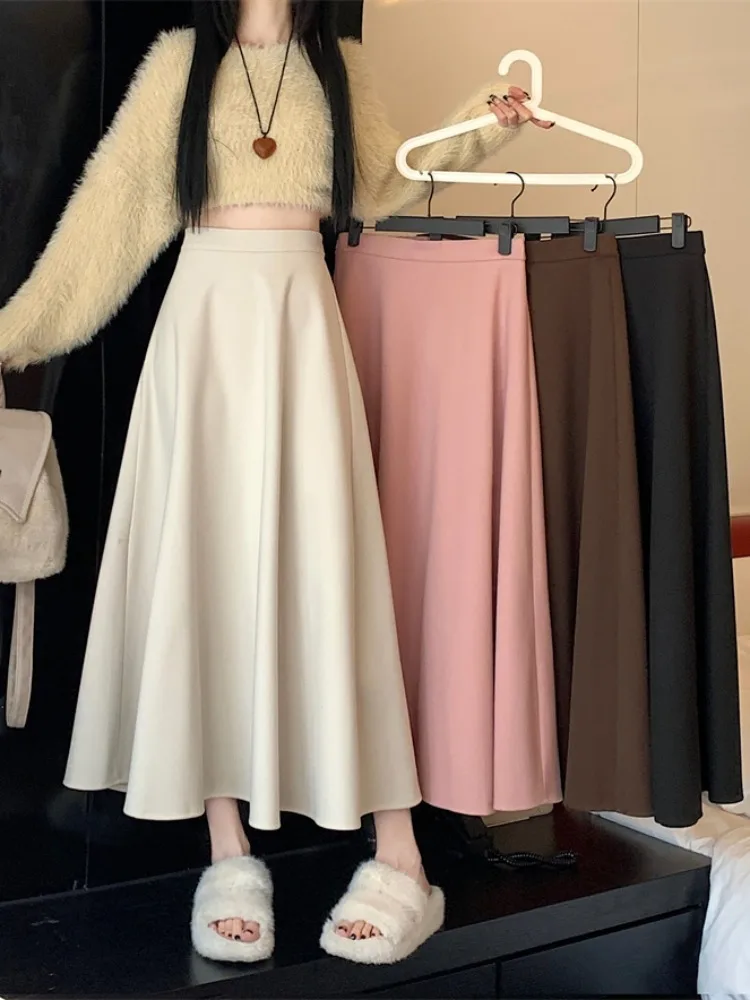 화이트 티엔드 울렌 A라인 미디 스커트 여성용 하이웨이스트 플리츠 우산 스커트 스웨터 롱 스커트 가을 겨울 패션