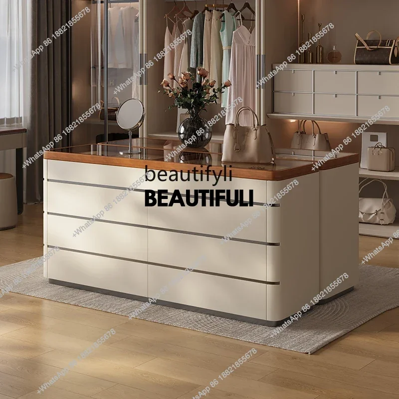 

ss8350 Minimal light luxury chest leather jewelry Italian storage solid wood middle island cabinet with lamp