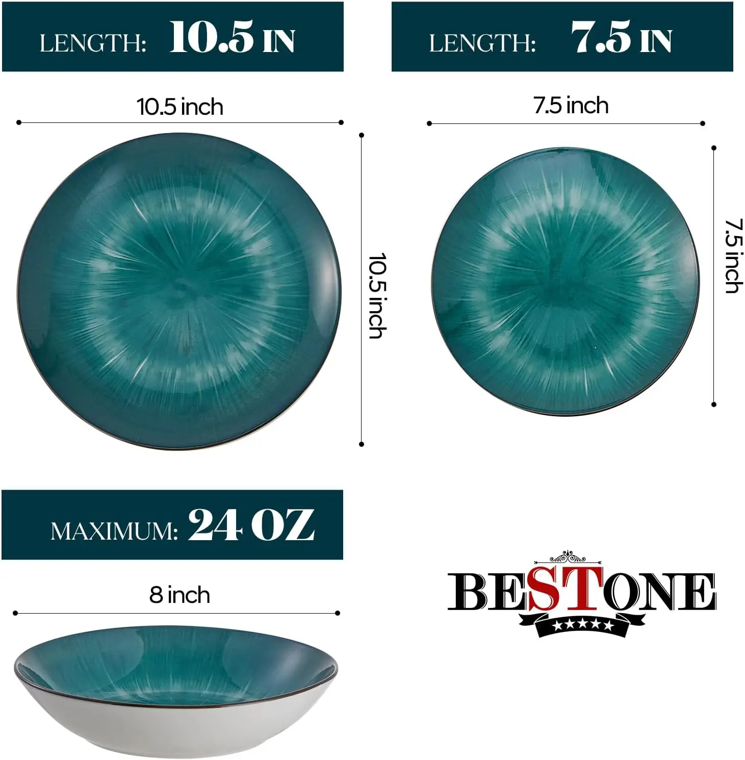 12 Piece Round Kitchen Dinnerware Sets,Plates and Bowls,Dishes,Service for 4, Chip Resistant Porcelain,Starburst Turquoise Green