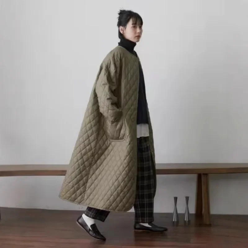 Lightweight Quilted Long Cotton Coat Women's Autumn Winter Thickened Warm Coat Retro Round Neck Single Breasted Women Clothing