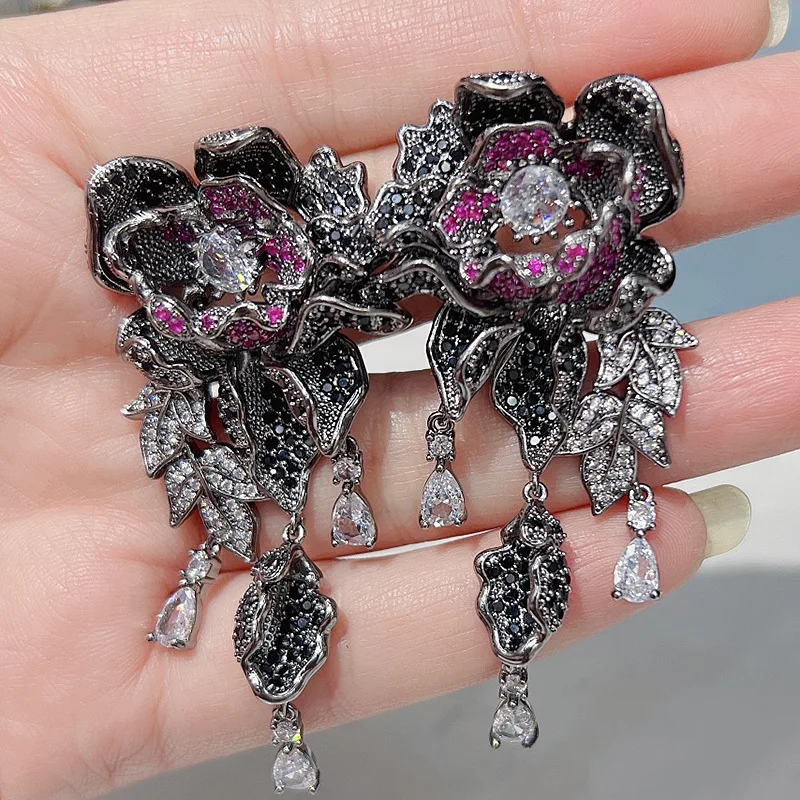 Bilincolor Micro Inlaid Zircon Peony Earrings For Women