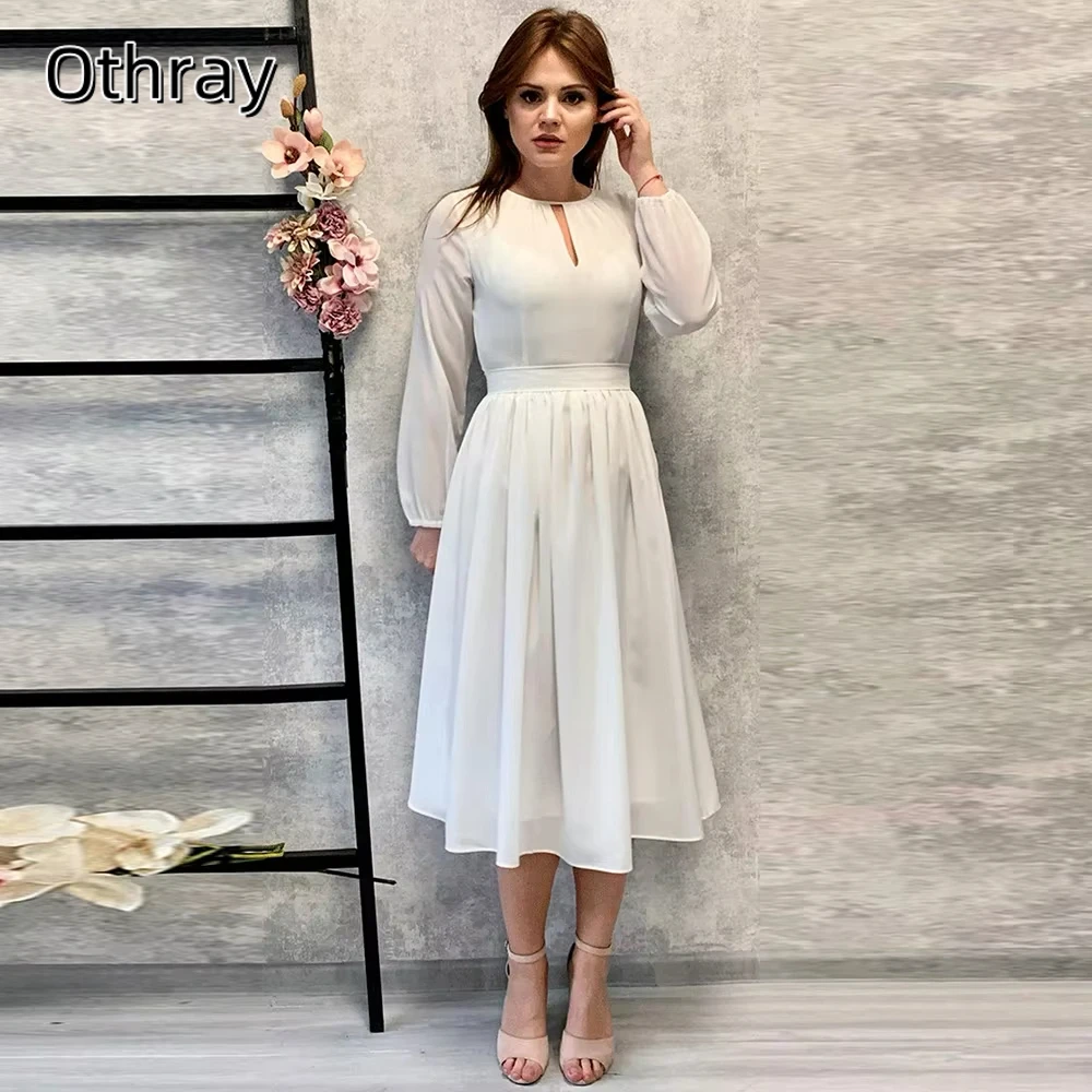 Elegant Scoop Bridal Dresses Long Sleeves A-Line Tea-Length Party Gowns Pleat Chiffon Wedding Dress Vestidos