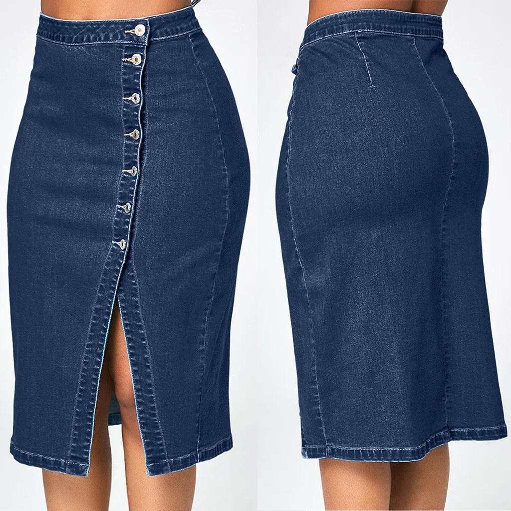 Plus Size Women\'s Denim Half Body Skirt Fashion High Waist Slim Pencil Denim Skirt Button Split Solid Colour Casual Half Skirt