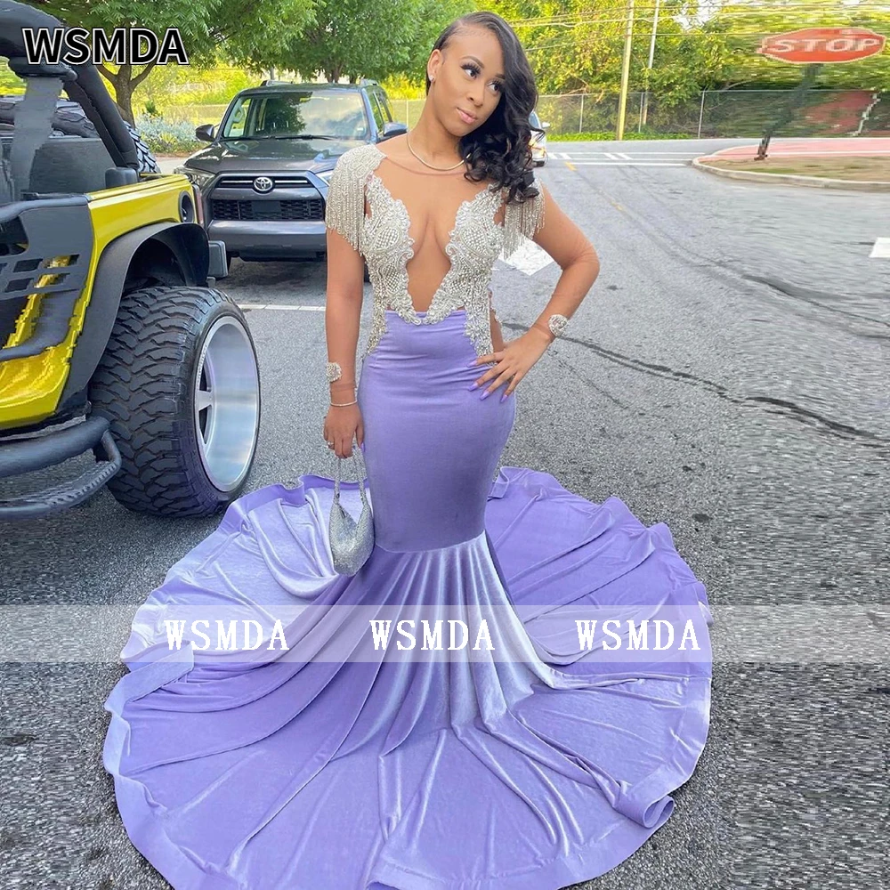 

Silver Appliques Beads Thistle Long Velet Prom Dress Illusion Scoop Neckline Backless Sexy Split Evening Dress Vestido De Gala