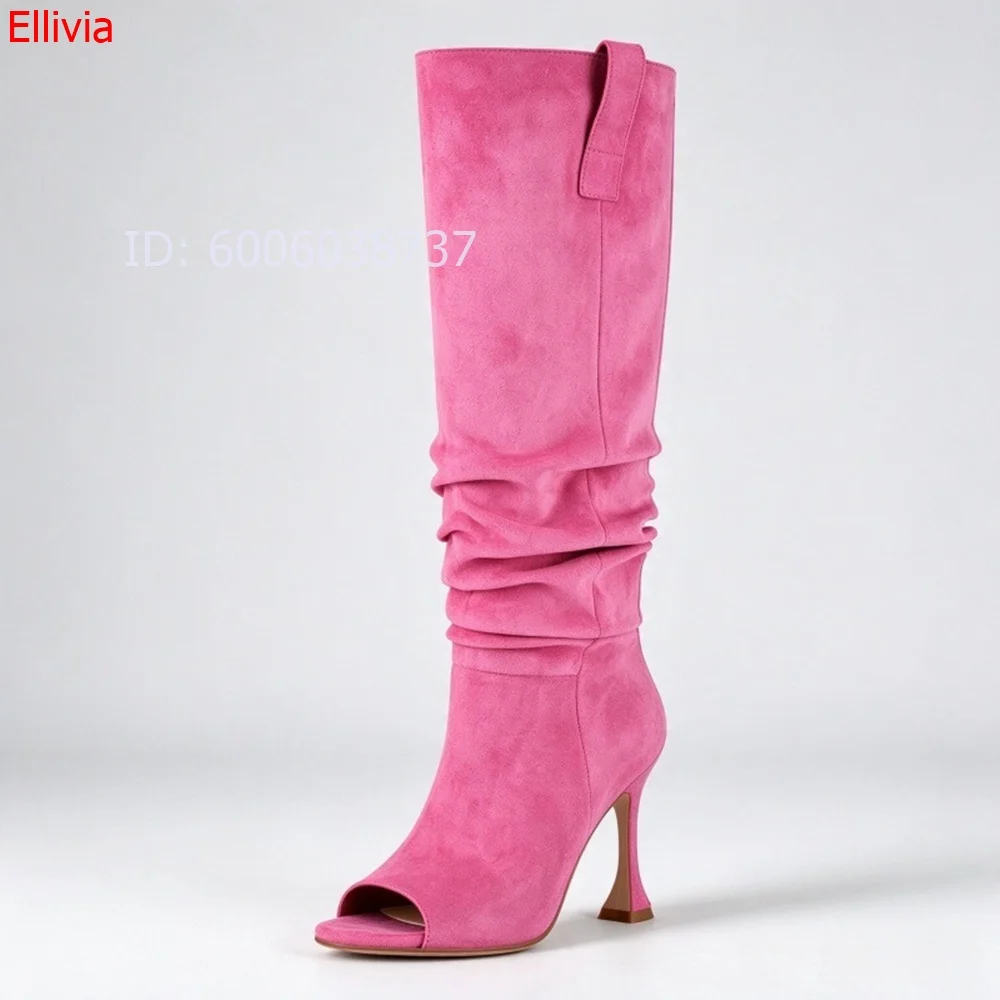Women Peep Toe Slouch Knee High Boots Suede Stiletto Heel Ruched Tall Boots Elegant Fashion Dress Boots For Evening Party
