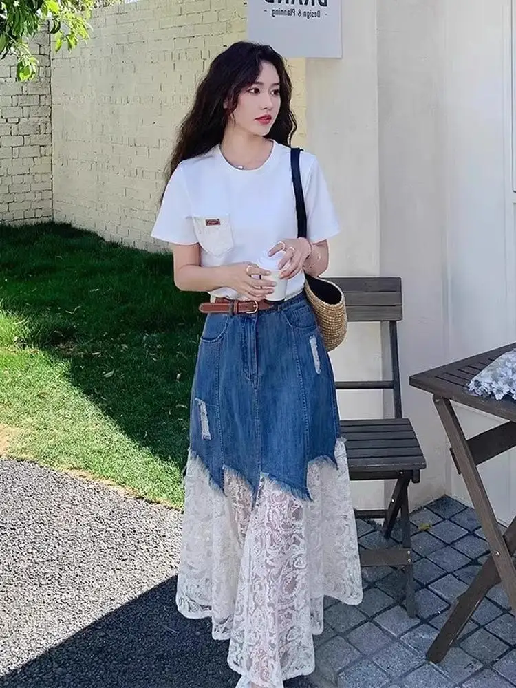 Unique Korean Design Lace Splicing Slimming Half Skirt High Waist A-Line Midi Skirt for Women Beautiful Commute Style