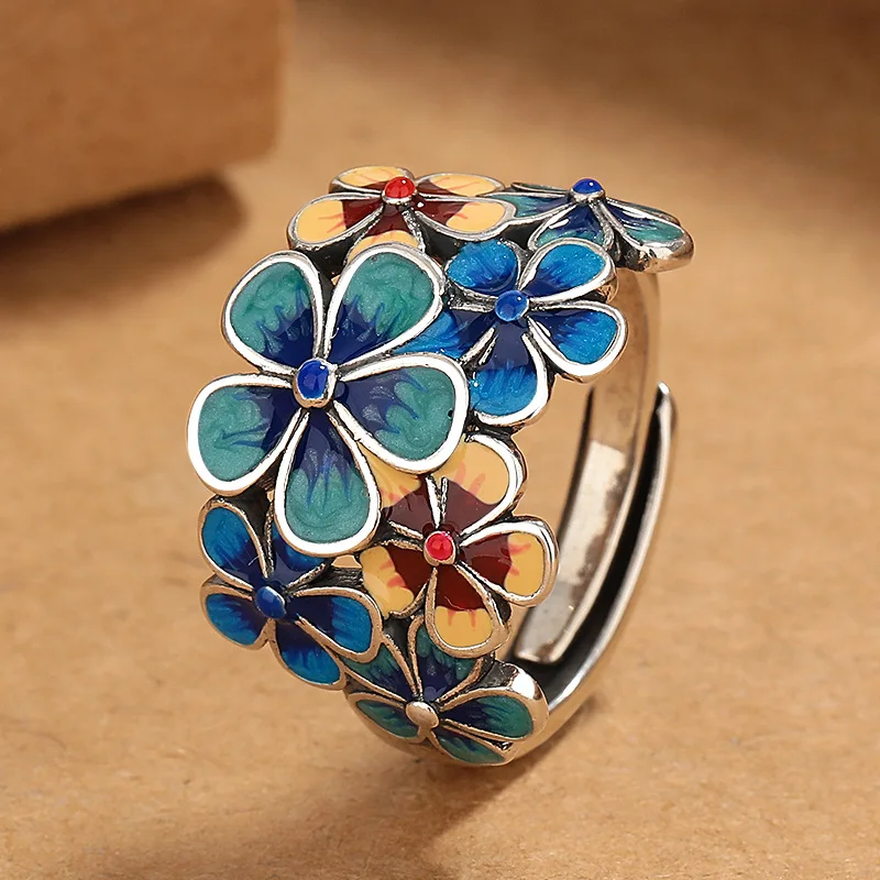 

Retro Ethnic Landscape Thai Blue Enamel Colorful Flowers Ladies Ring Wide Women Ring Party Birthday Gift