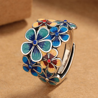 Retro Ethnic Landscape Thai Blue Enamel Colorful Flowers Ladies Ring Wide Women Ring Party Birthday Gift