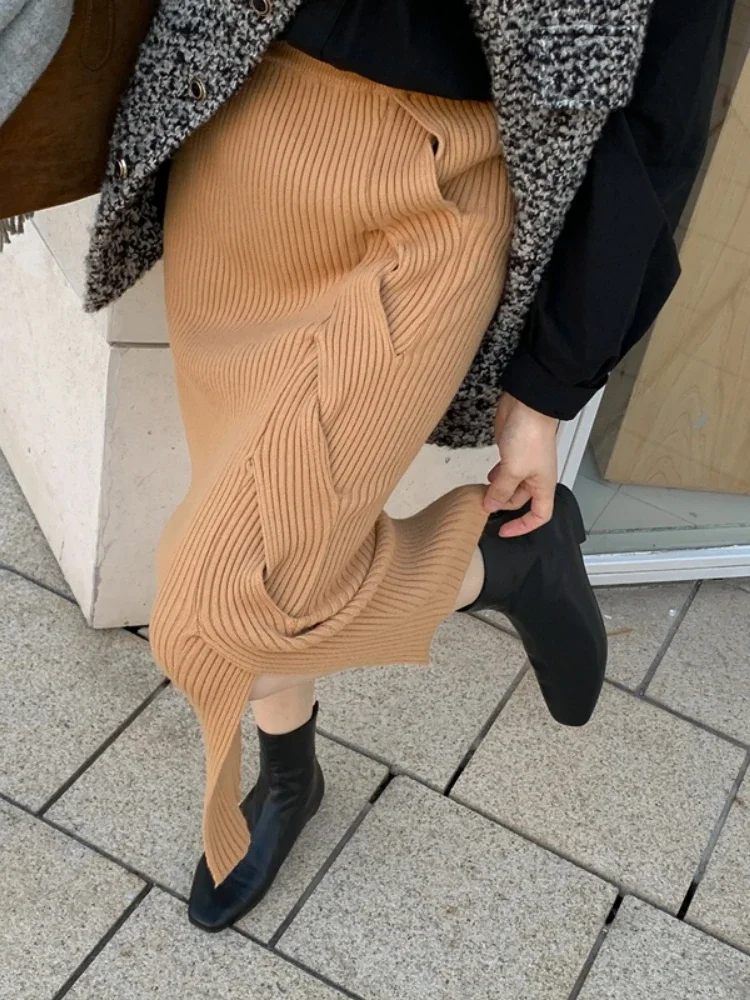 

Khaki Thickened Knit Skirt Autumn/winter Women's New Style Korean Version Pleated Medium-length Aa-line Skirt Winter Dress