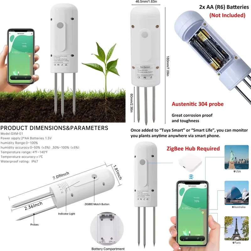 Zigbee Wireless Temperture and Humidity Soil Sensor With App Temperature Change Data Statistics for Greenhouses Farmland