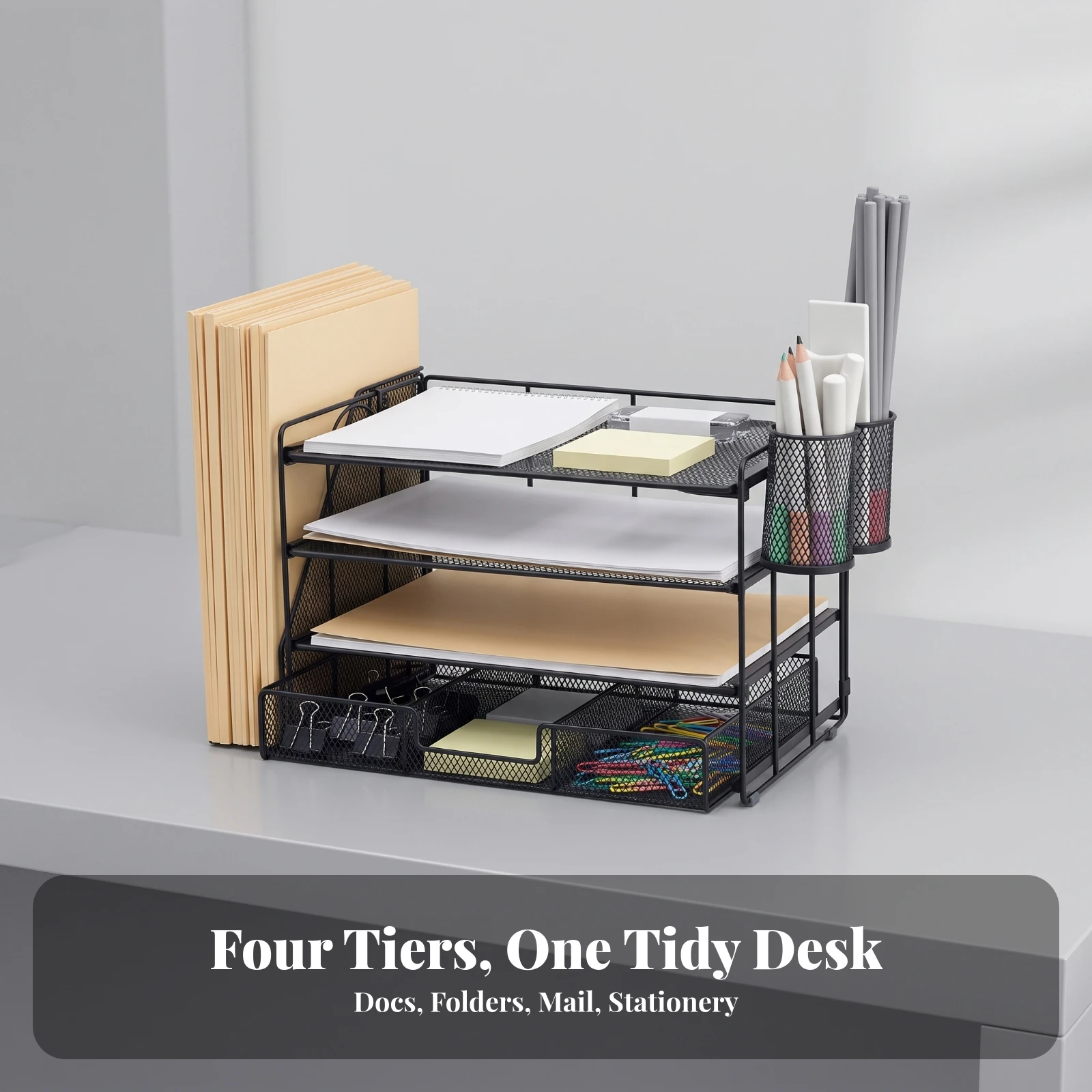 Desktop File Organizer with Cup Holder Space-Saving Mesh Document Holder with Trays Desk Paper Tray Pull-out for Professionals