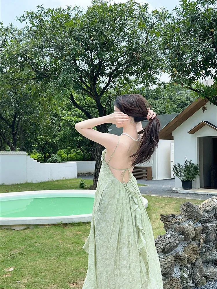 Francuski styl niszowy wykwintna zielona sukienka z dekoltem w szpic damska letnia wakacje na plaży seksowna długa sukienka bez pleców