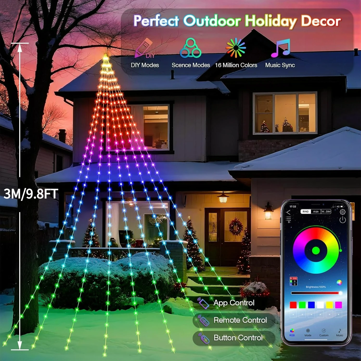 2M/3M LED Christmas Tree Lights App Control RGBIC Color Changing String Lights Waterproof Decor for Christmas Holiday Yard