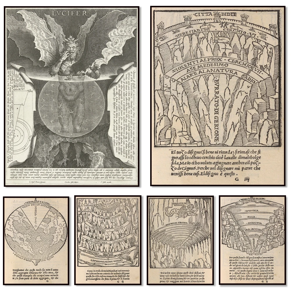 خريطة القرون الوسطى للجحيم جحيم الجحيم الإلهي الكوميديا دانتي خمر مخطوطة العتيقة القوطية التوضيح غرامة الفن ملصق الطباعة