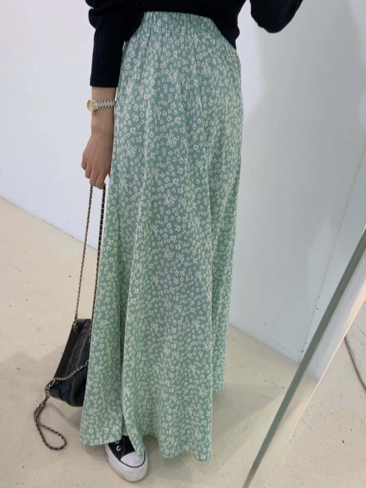 

Floral Print Loose Waist Midi Skirt Chic Elastic Waist Slimming Drapey Versatile Large Hem Long Skirt Trendy Commute Sle
