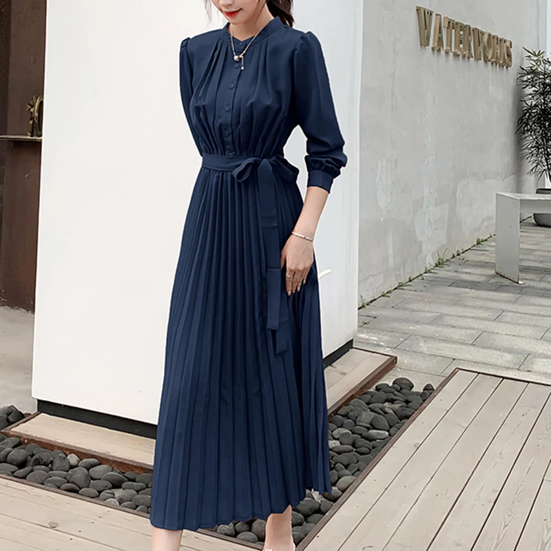 Spring Summer Women Elegant Long Dress Solid Long Sleeve Belt Lace Up Dress Loose Casual Office Lady Pleated Dress -1pcs