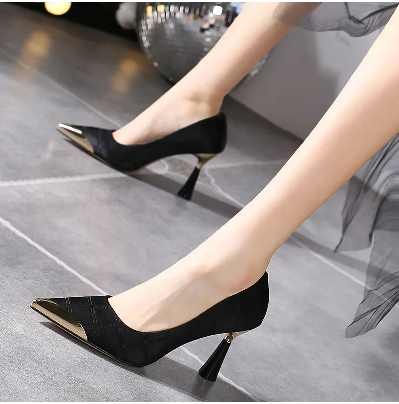 Woman High Heel Pumps Metal Pointed Stiletto Shallow Women\'s Gentle Black Green Shoes Spring/Autumn Sexy Zapatos Mujer De 2023