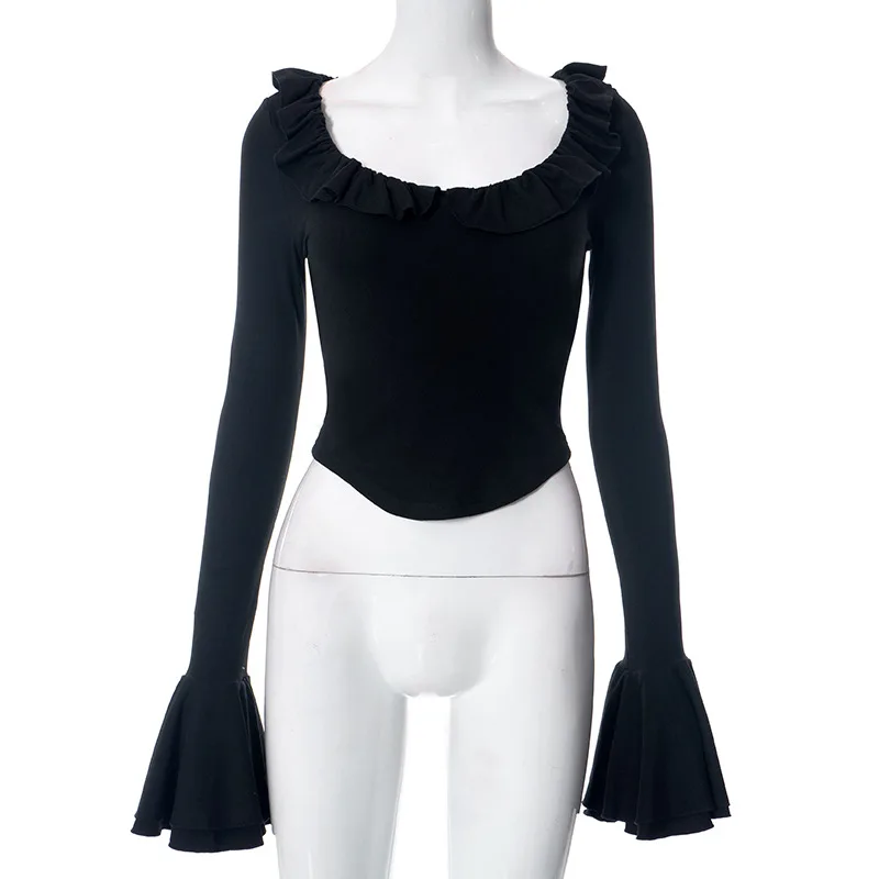 Cryptographic Elegant Frill Ruffle Detail Flare Sleeve Tops Low Plunge Neck Slim Tie Back Y2K Sexy Cropped Tops Solid Clothes