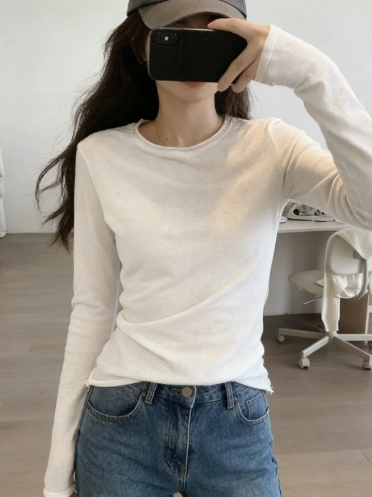 Chic Korean Style Women's Long Sleeve T-Shirt Pure Color Base Layer Shirt Autumn Design Sensation Roll  Slim Fit Top