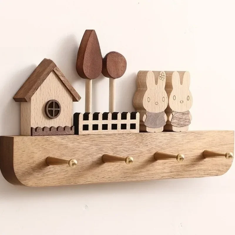 yesSolid Wood Keys Hanger Entrance Hall Creative Clothes Hanger Artisanal Cartoon Hooks Wall Coat Racks Home Living Room Decorat