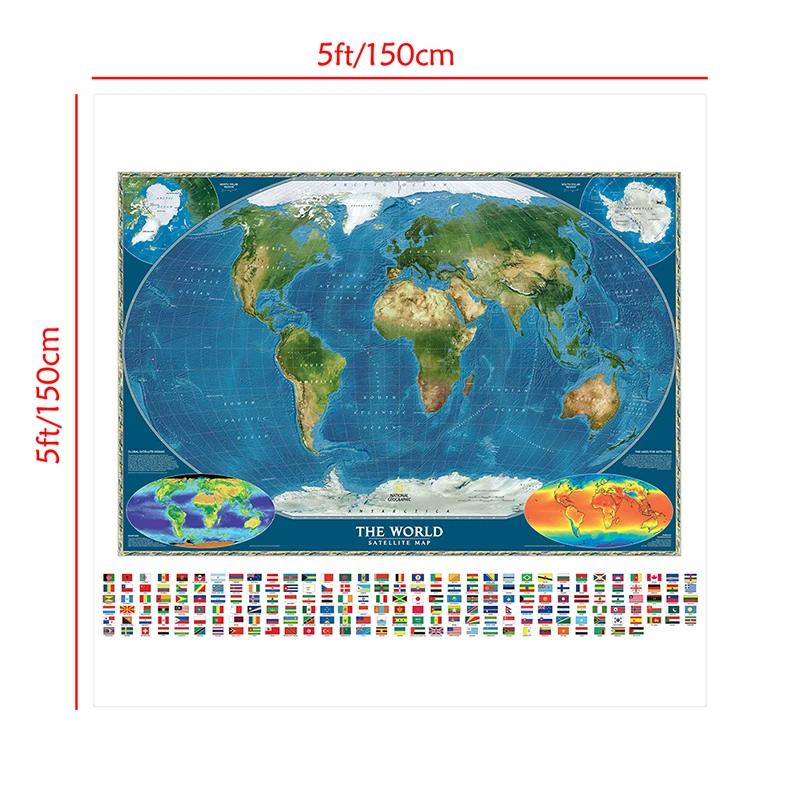 150X150cm Non-woven Spray World Map The World Satellite Map with Country Flag and Surface Temperature Map