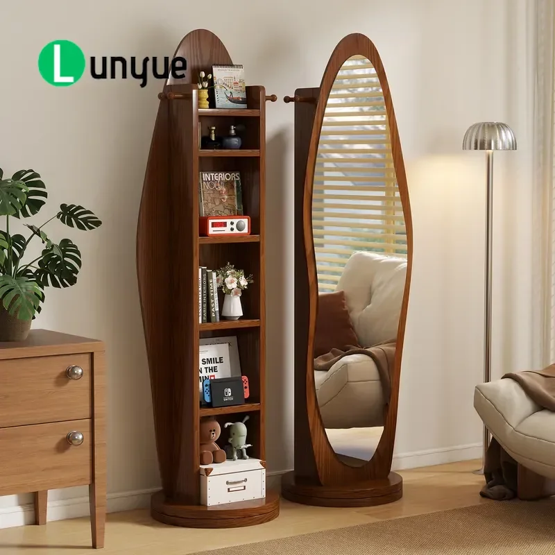 Medieval Solid Wood Full Length Mirror Storage Cabinet Mobile Rotating Bookshelf with Mirror Integrated Dresser for Bedroom