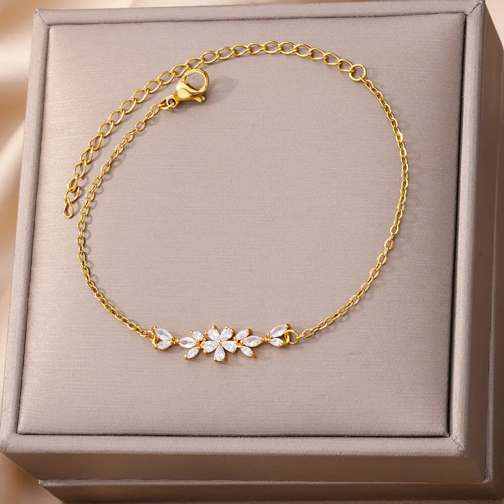 Classic Stainless Steel Flowers Charm Bracelets for Women Gold Color Fashion Zircon Plant Bracelet Jewerlry Accessories Gifts