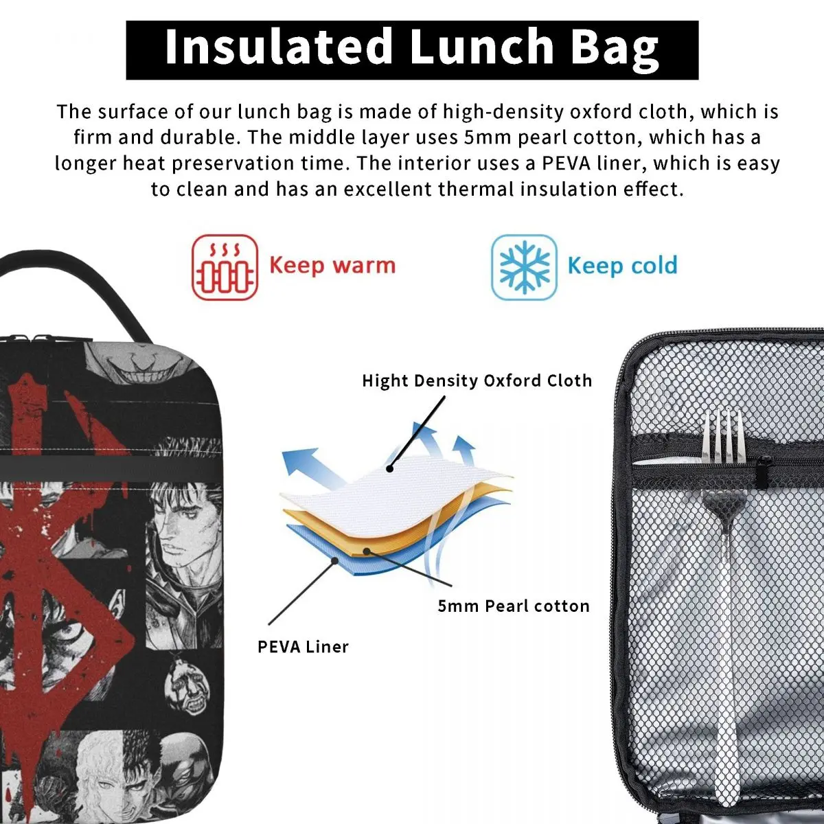 Japan Anime Berserk Swordsman Manga Guts Insulated Lunch Bag for Women Children Leakproof Food Boxes Thermal Lunch Box Tote