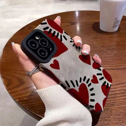 Gray Leather Red Love Heart Silicone Phone Case For iPhone 14 Pro Max 16 15 Plus 11 12 13 Mini X XS XR Soft Matte Full Cover
