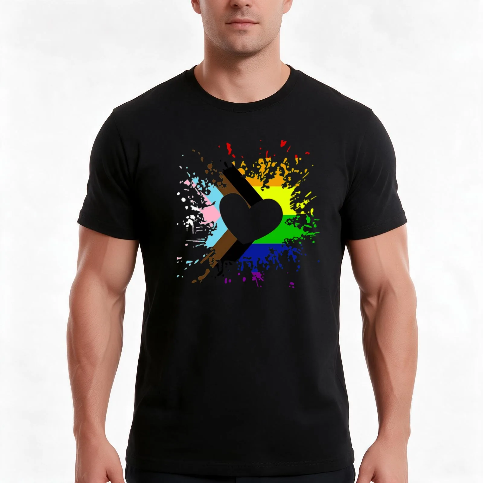 Pride Progress Flag Rainbow Heart Design T-Shirt, Summer Casual Cotton Tee, Oversized Streetwear Tops, Vintage Graphic Print