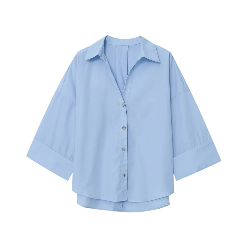 قميص نسائي ذو طية صدر السترة بأكمام خمسة أرباع مزين بصدر واحد للصيف، قميص كاجوال بأكمام واسعة