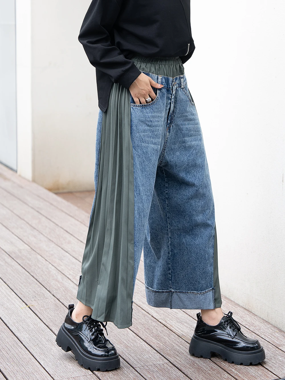 220528 Streetwear Style Fashion Elastic Waist Denim Stitched Pleated Chiffon Wide Leg Pants Loose Female Autunmn