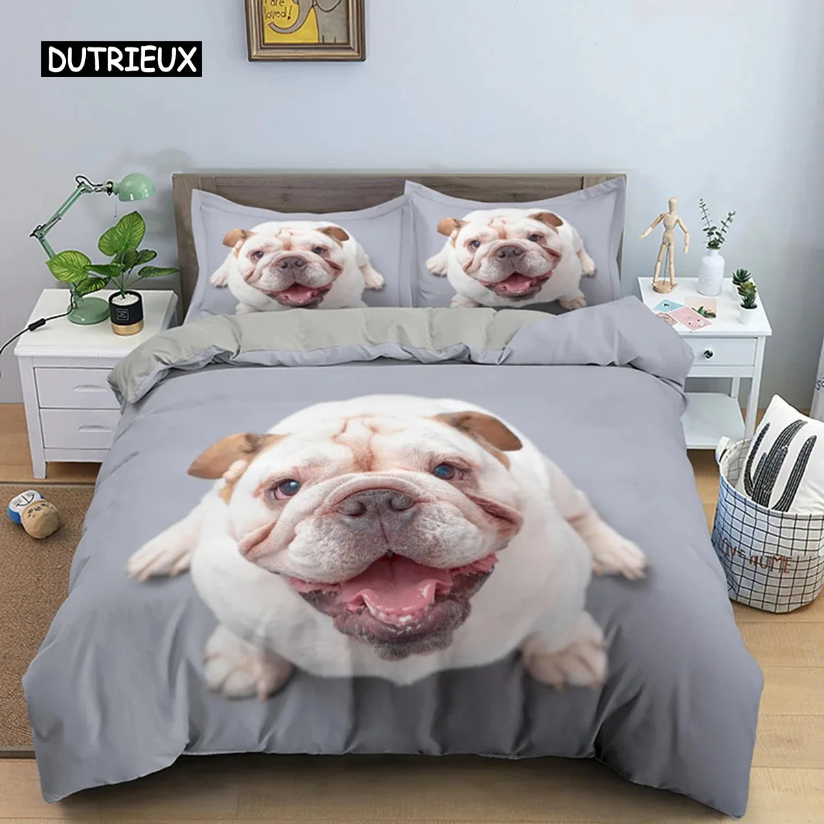 Cute Cartoon Bulldog Pattern Duvet Cover Set King Full Size Bedding Set Room Decor Soft Microfiber QuiltComforter Cover 23PCS