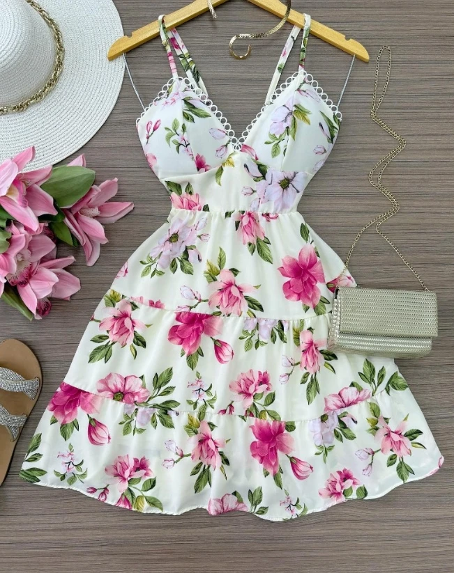 

Dresses Woman Summer 2025 Trend Floral Print Lace Patch V Neck Spaghetti Strap Dress Casual A Line Mini Dress for Women