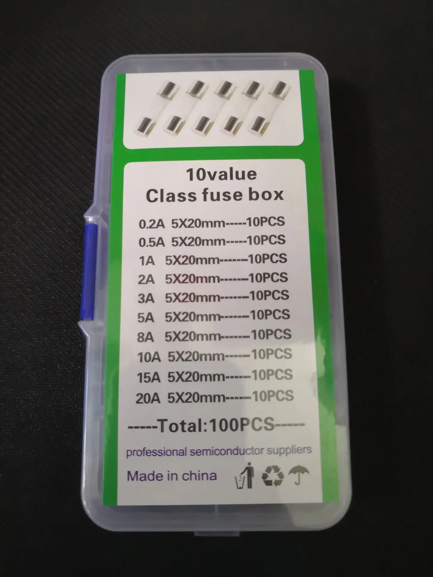 Free Ship  5*20mm Fuse Kit Box 0.2A/0.5A/1A/2A/3A/5A/8A/10A/15A/20A Blown Fuze Protect Circuit Safety 100PCS=10 Values * 10pcs