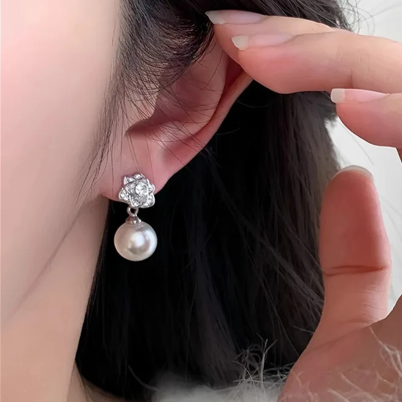 

925 Sterling Silver Charming Camellia Zircon Pearl Pendant Stud Earring for Women Fine Jewelry High Luxury Vintage Accessories